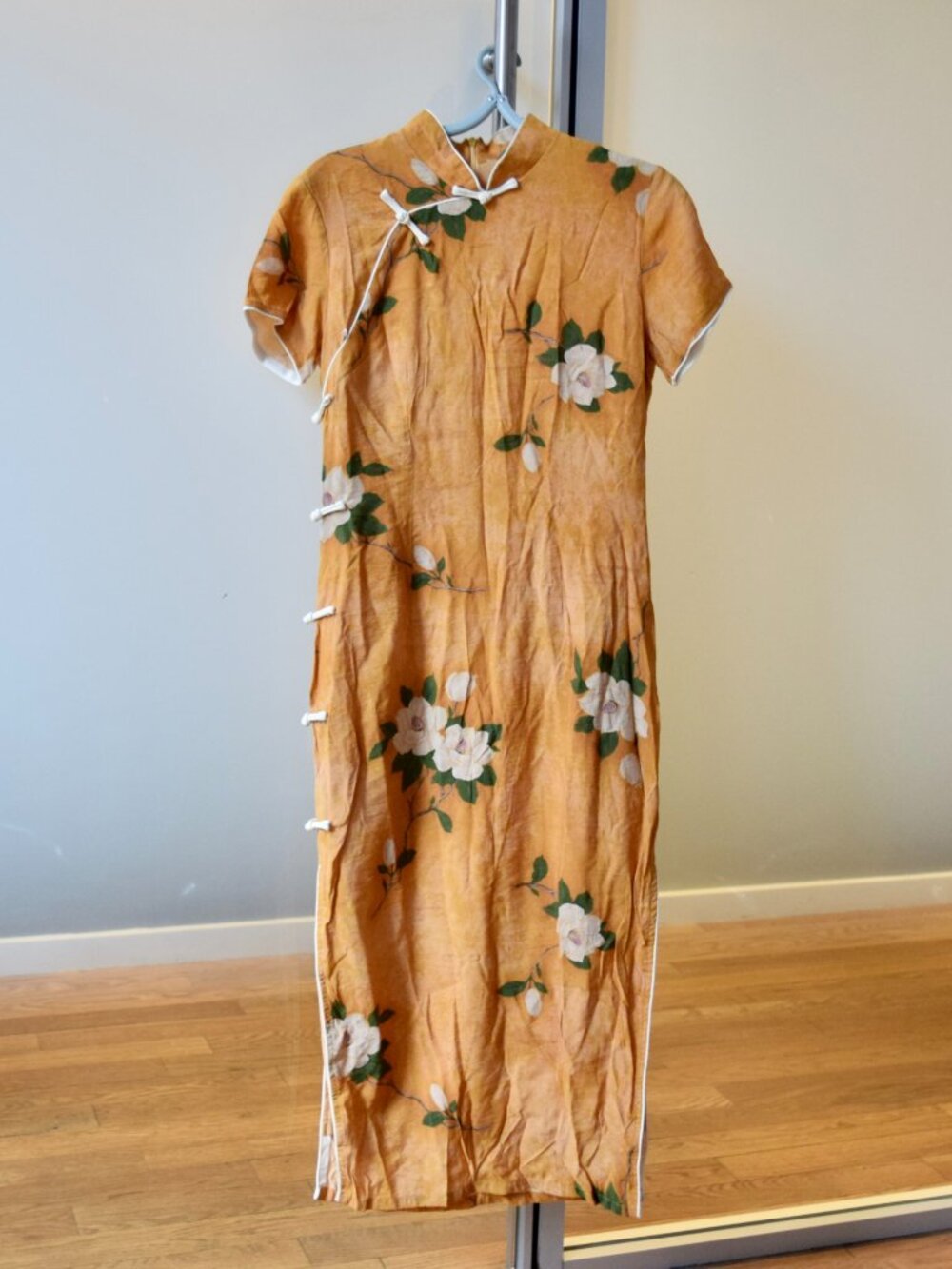 Yellow White Flora Printed Midi Dress - Chinese Traditional Cheongsam